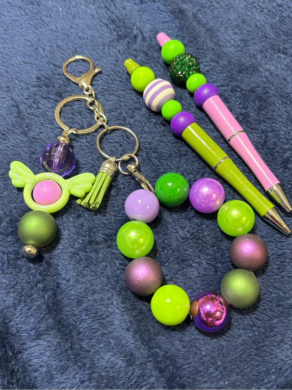 Beaded Bracelet Keychain and Pens Set - Lime Green & Purple